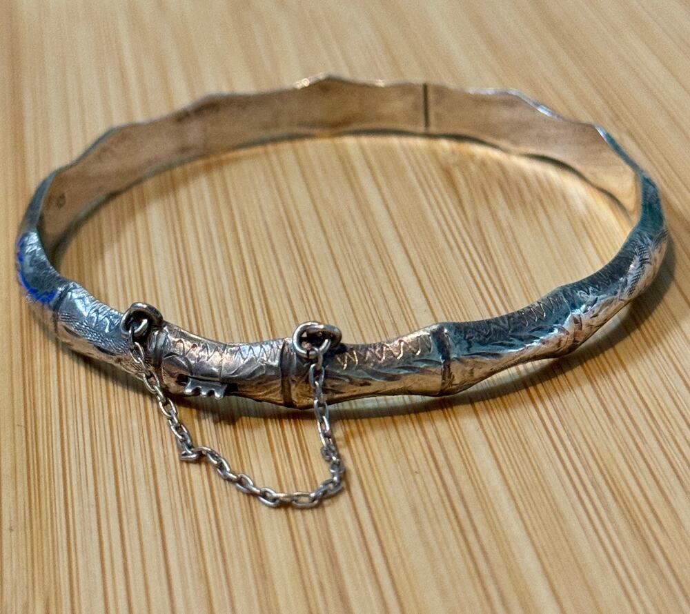 Vintage 925 Sterling Silver Bamboo Hinged Bangle Etched Bracelet Safety Chain